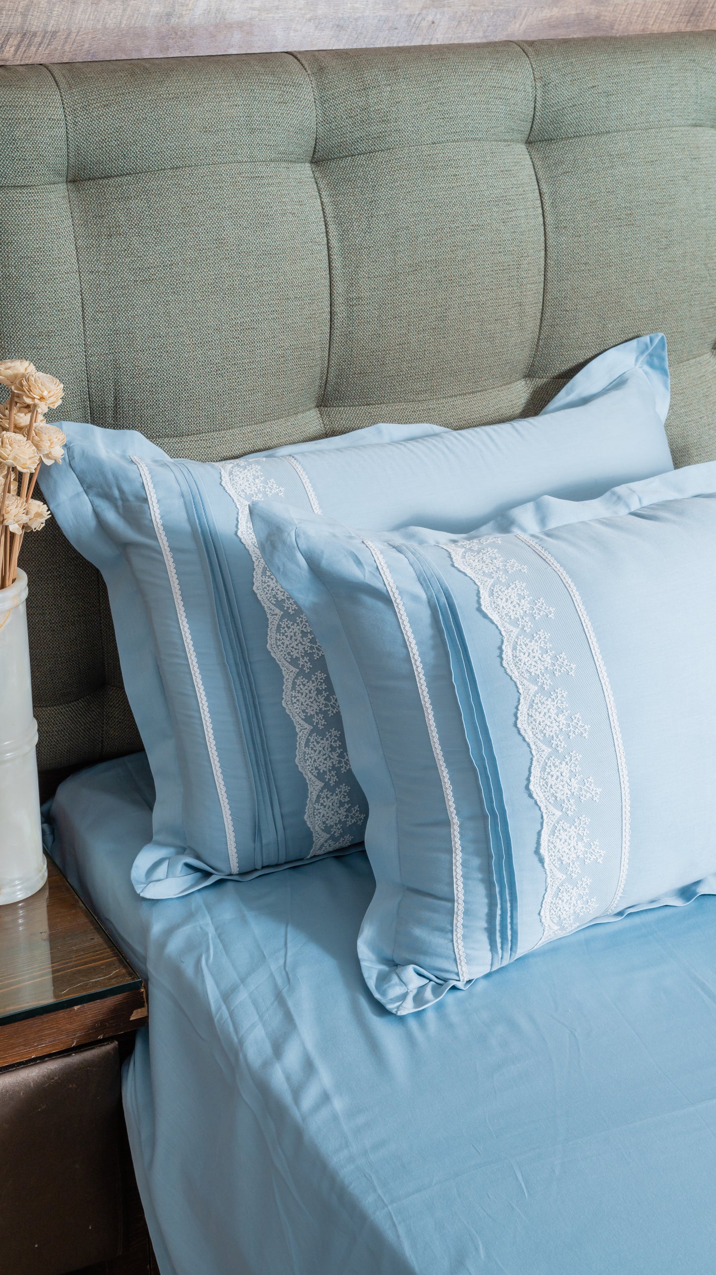 Ice Blue Cotton Bedsheet with Lace