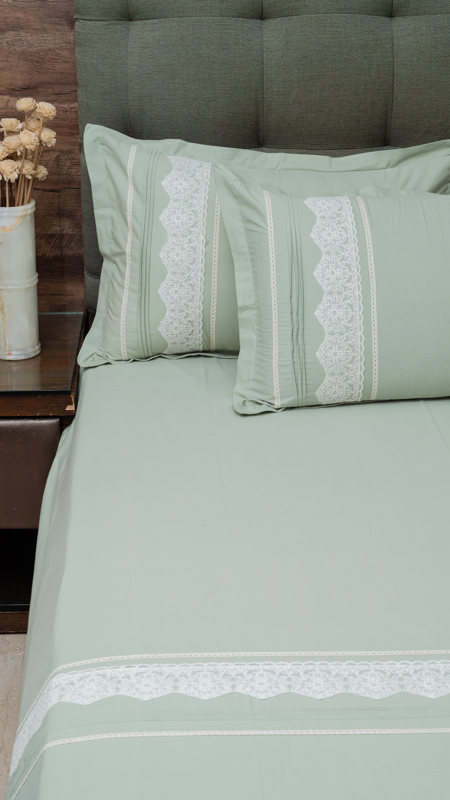 Pista Green Cotton Bedsheet with Lace