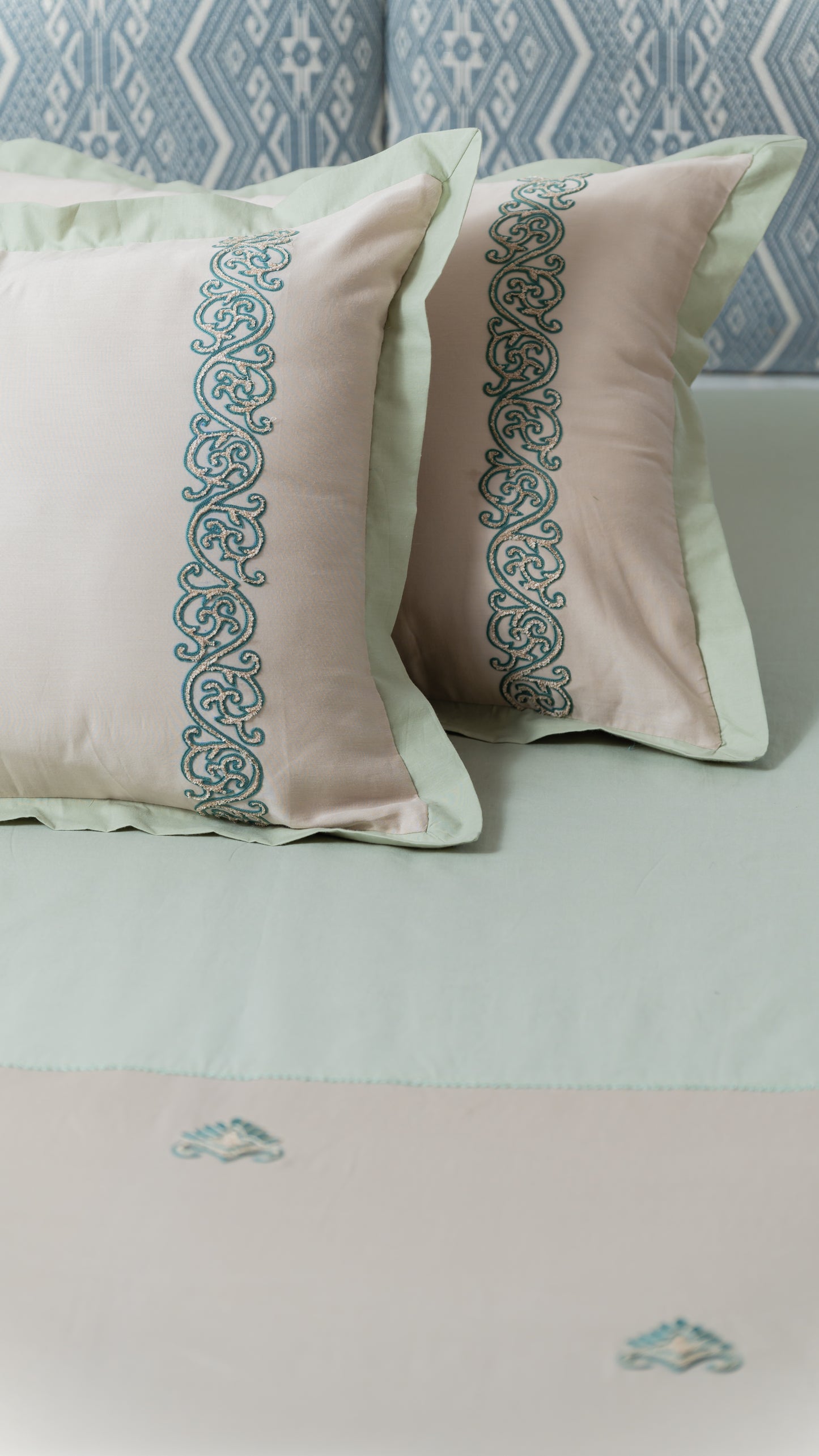 Beige and Pista Embroidered Bedsheet