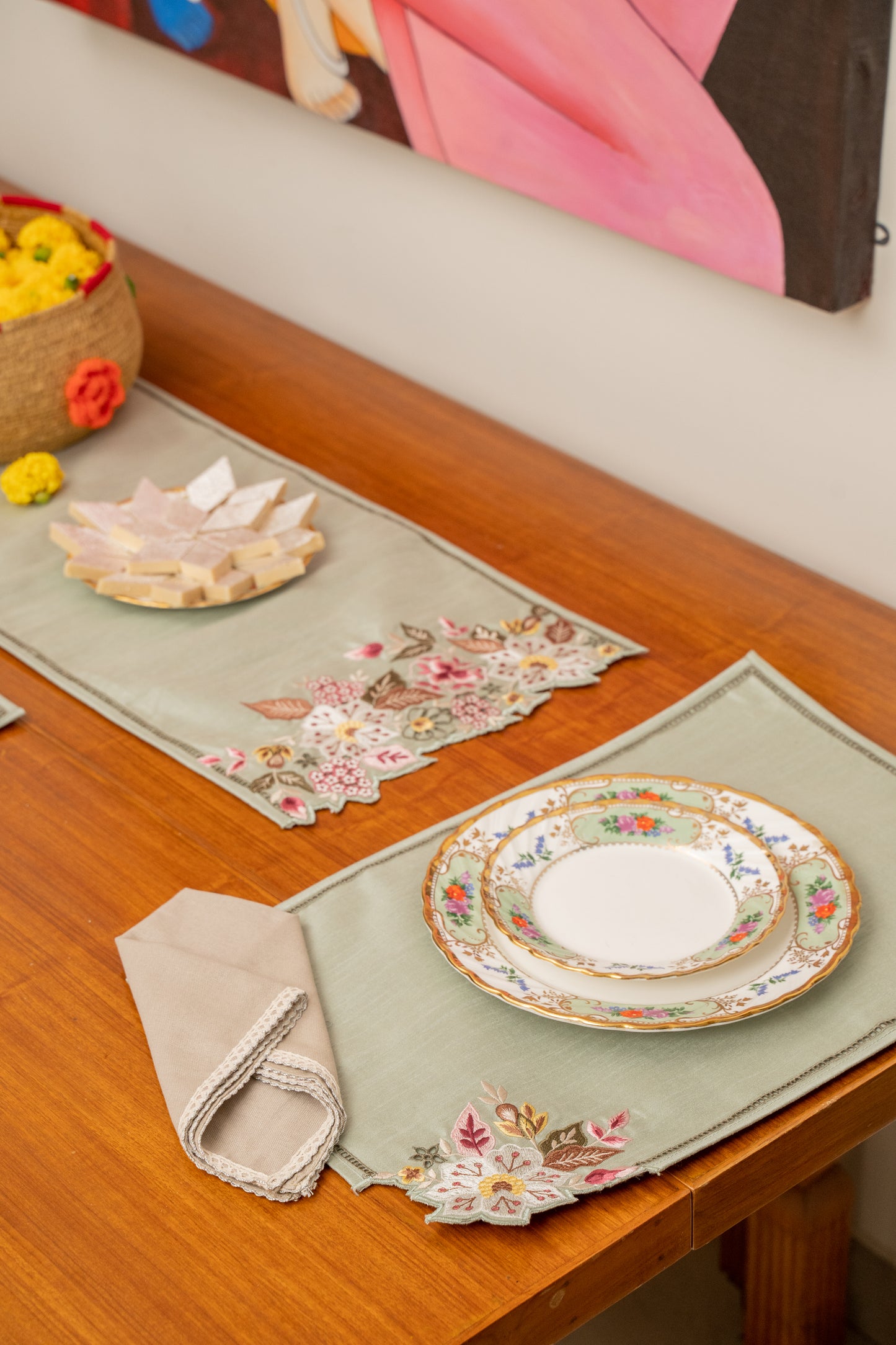 Cut Work Silk Runner Set