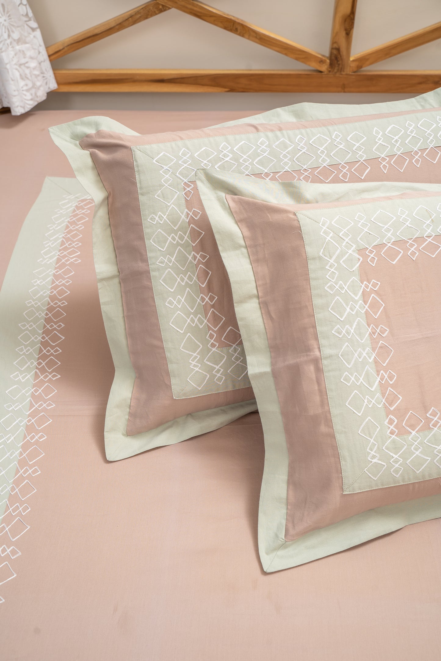 Pista and Pink Embroidered Bedsheet