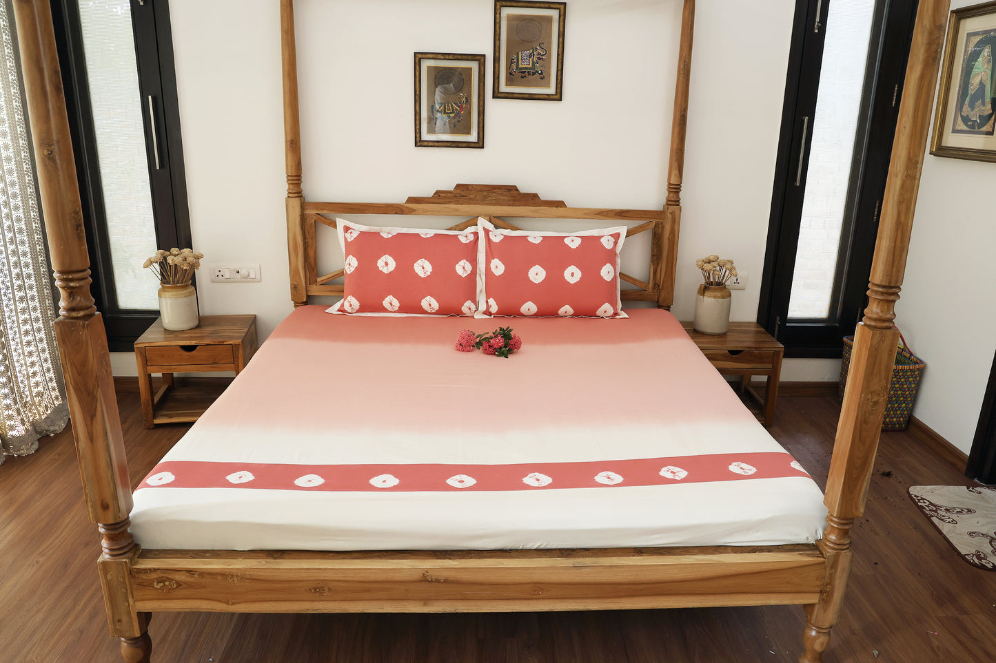 Peachy Pink Ombre Bandhej Bedsheet