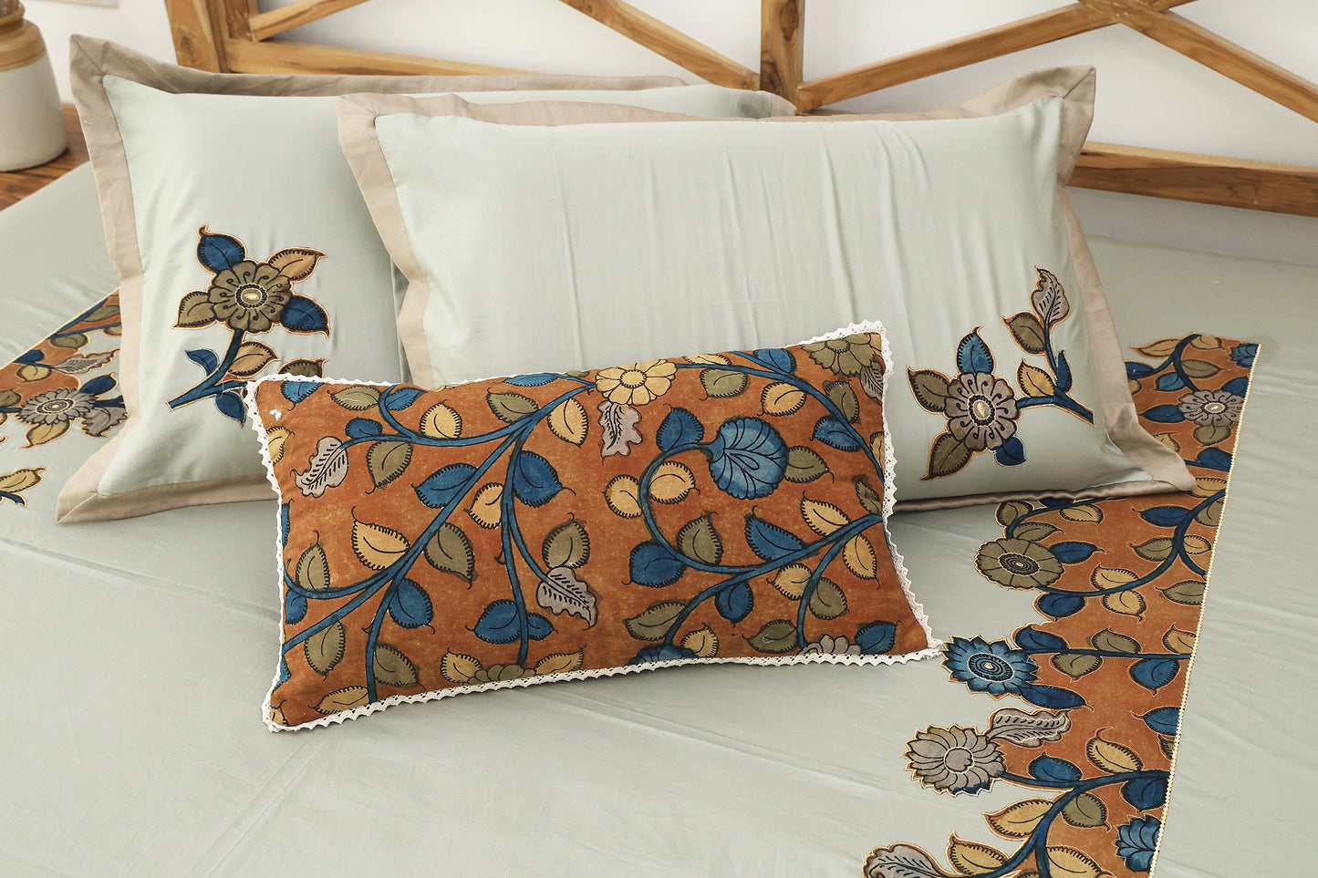 Pista Hand Painted Kalamkari Bedsheet