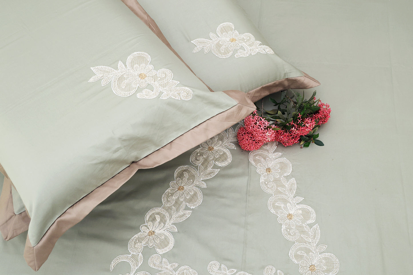 Chikan Embroidered Pista Color Bedsheet