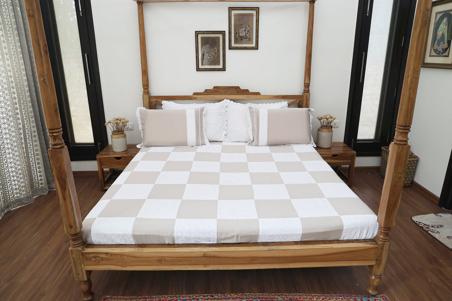 Beige and Ivory Chikanari Bedsheet