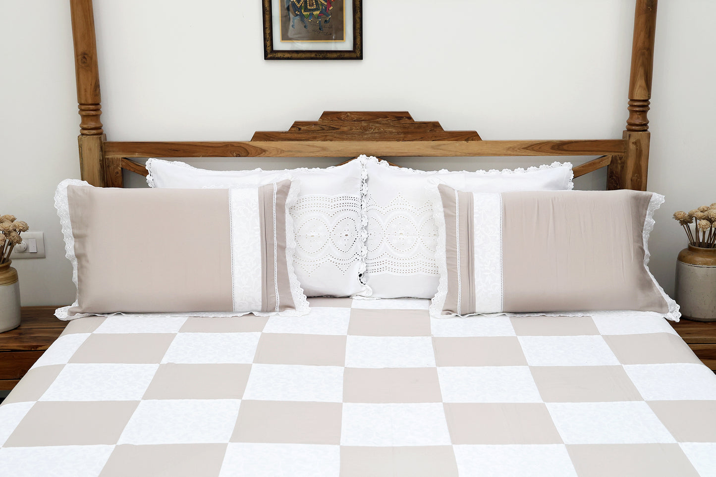 Beige and Ivory Chikanari Bedsheet