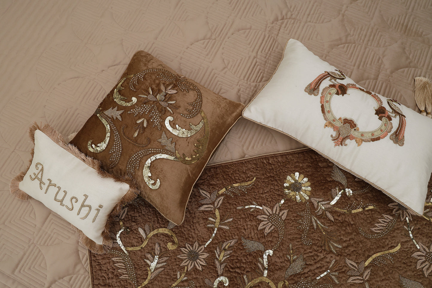 Cotvelvet Bedcover with Zardozi Throw Set