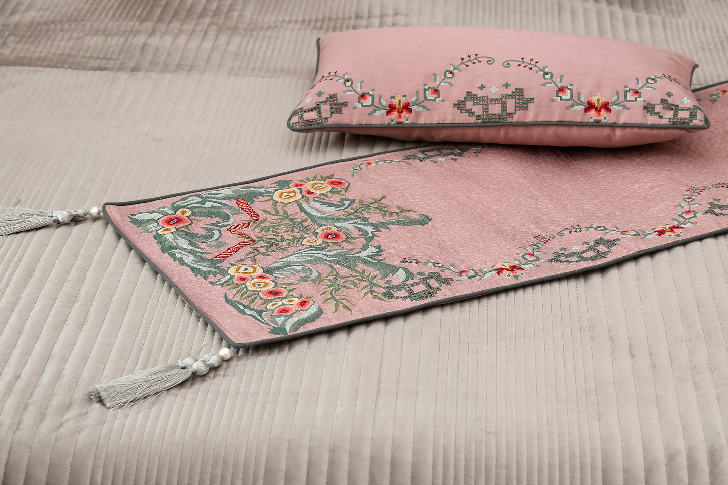 Cotvelvet Bedcover with Convent Embroidery Runner Set