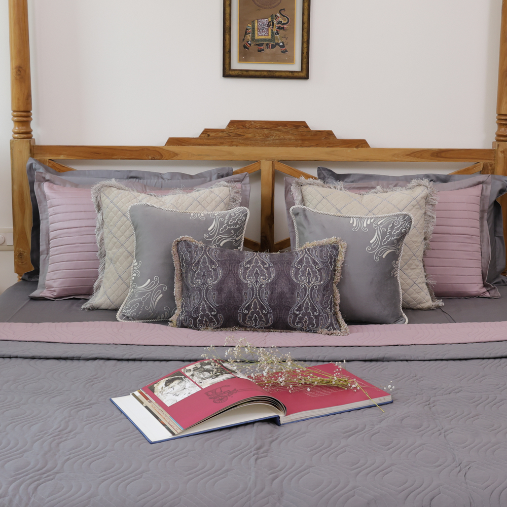 Charcoal Grey - Dusty Mauve Cotton Reversible Bedspread