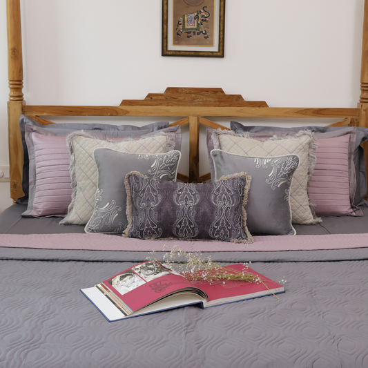 Charcoal Grey - Dusty Mauve Cotton Reversible Bedspread