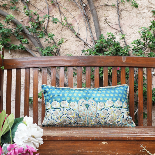 Ajrakh Zardozi Teal Cushion