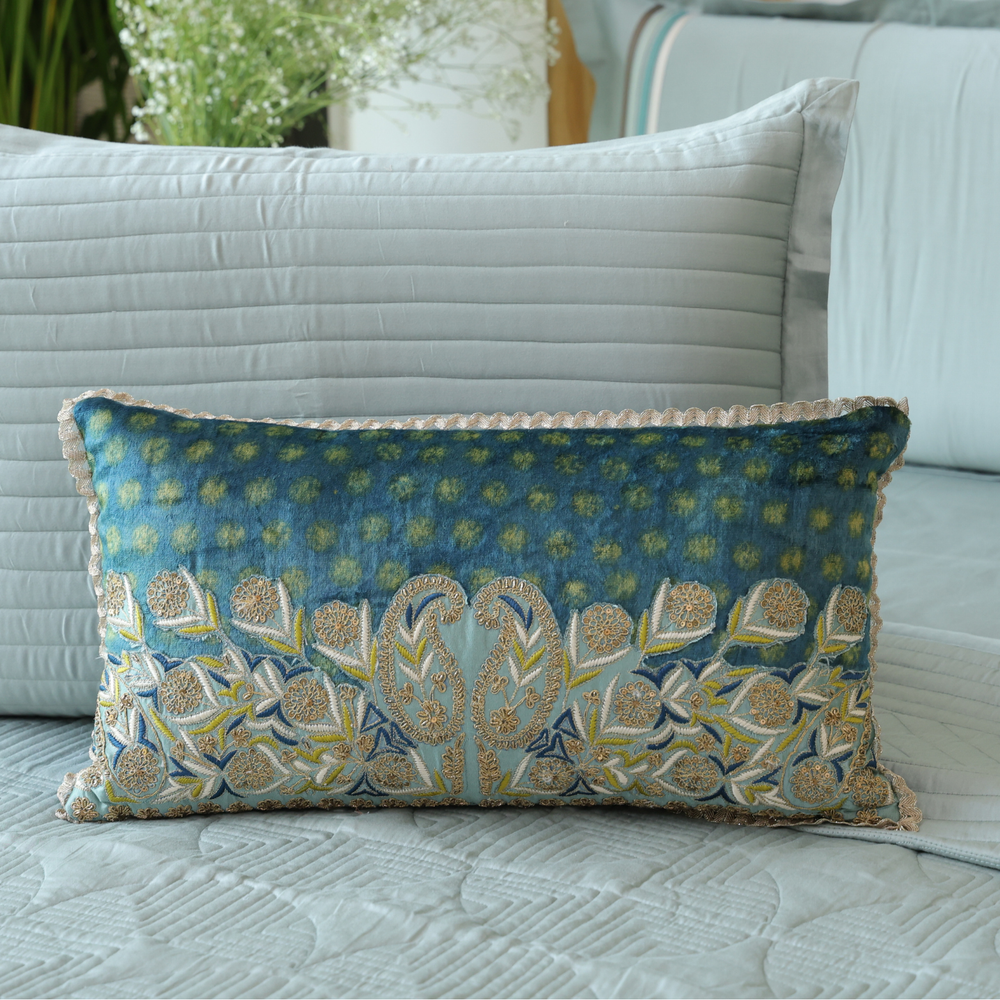 Ajrakh Zardozi Teal Cushion