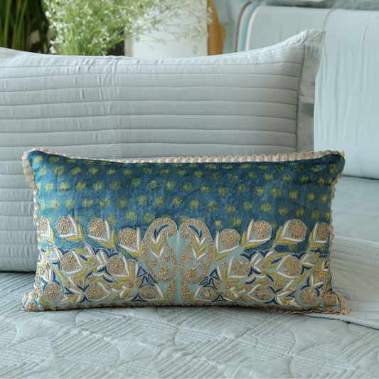 Ajrakh Zardozi Teal Cushion