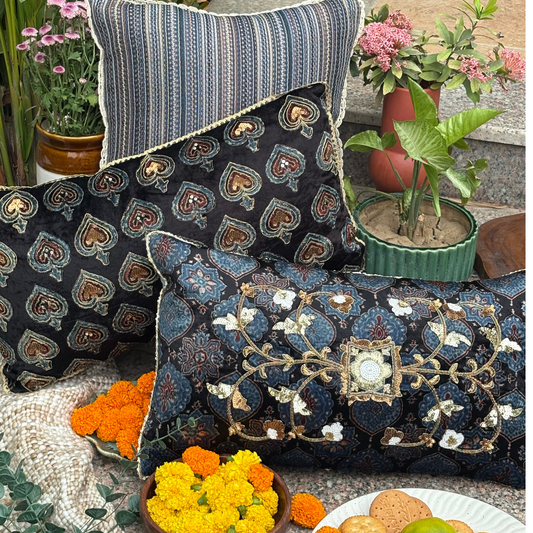 Ajrakh Zardozi Buti Cushion
