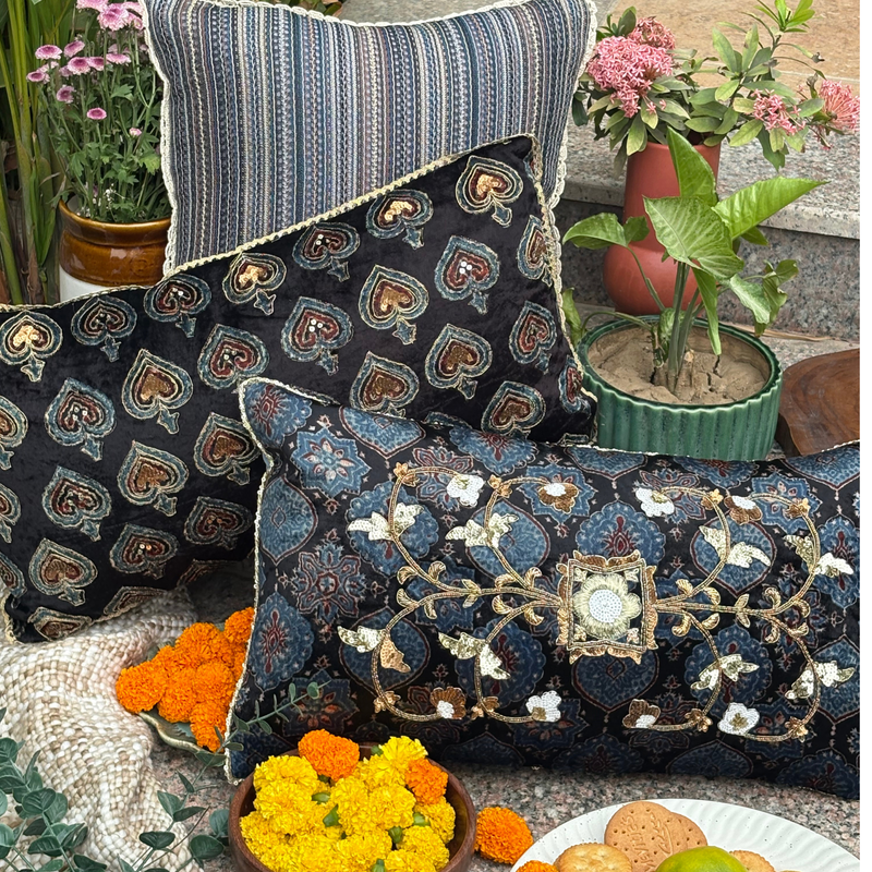 Ajrakh Zardozi Buti Cushion