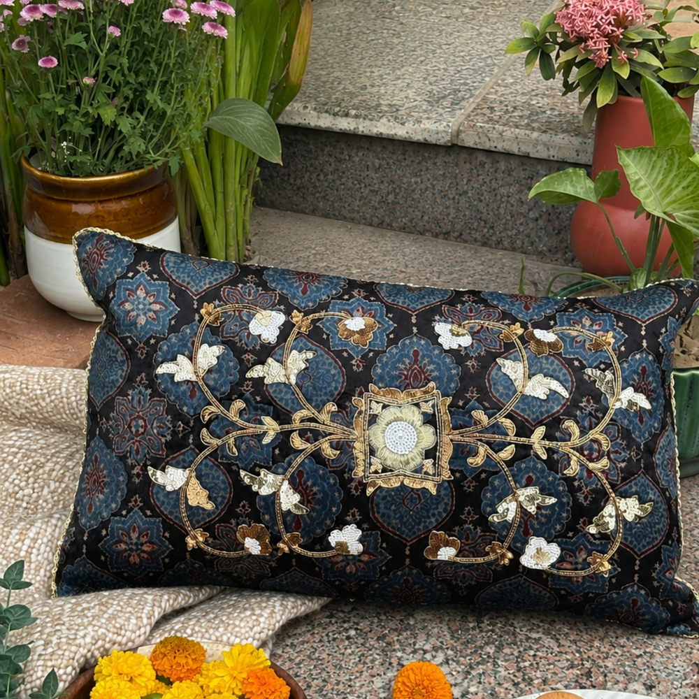 Ajrakh Zardozi Buti Cushion