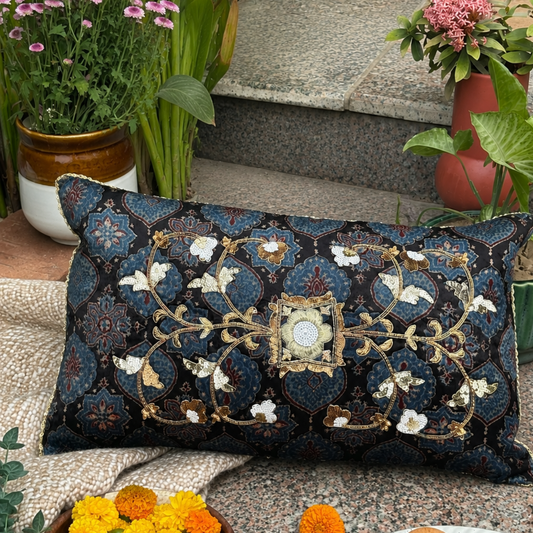 Ajrakh Zardozi Buti Cushion