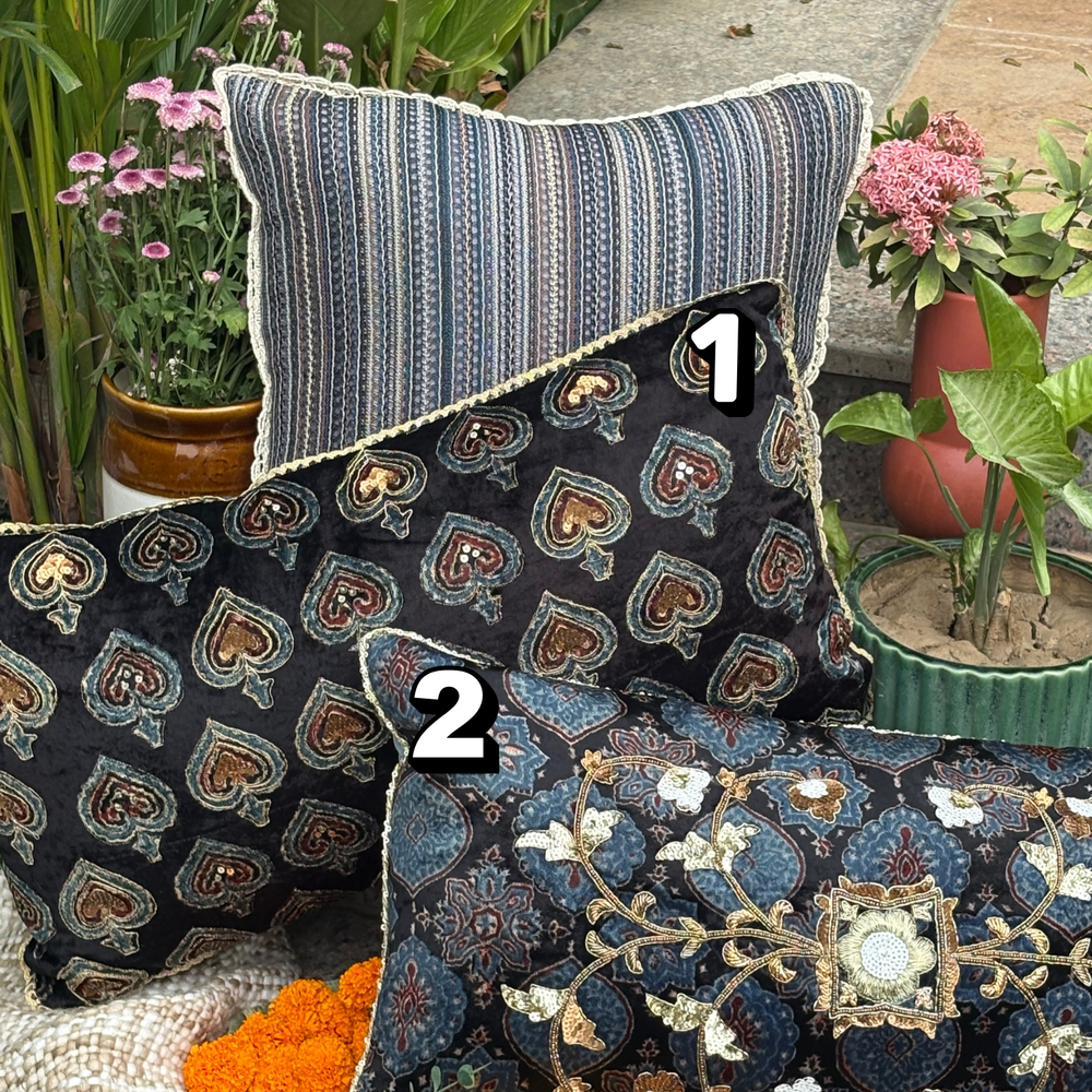 Ajrakh Zardozi Buti Cushion