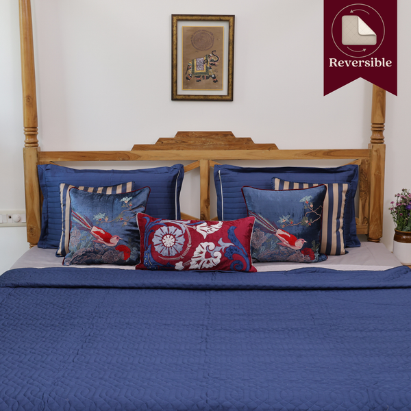 Royal Blue - Pearl Grey Cotton Reversible Bedspread