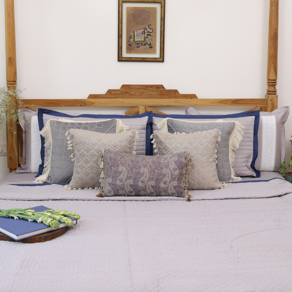 Royal Blue - Pearl Grey Cotton Reversible Bedspread