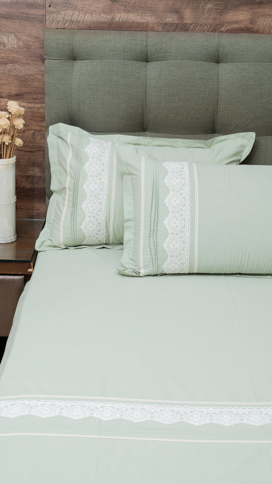 Pista Green Cotton Bedsheet with Lace
