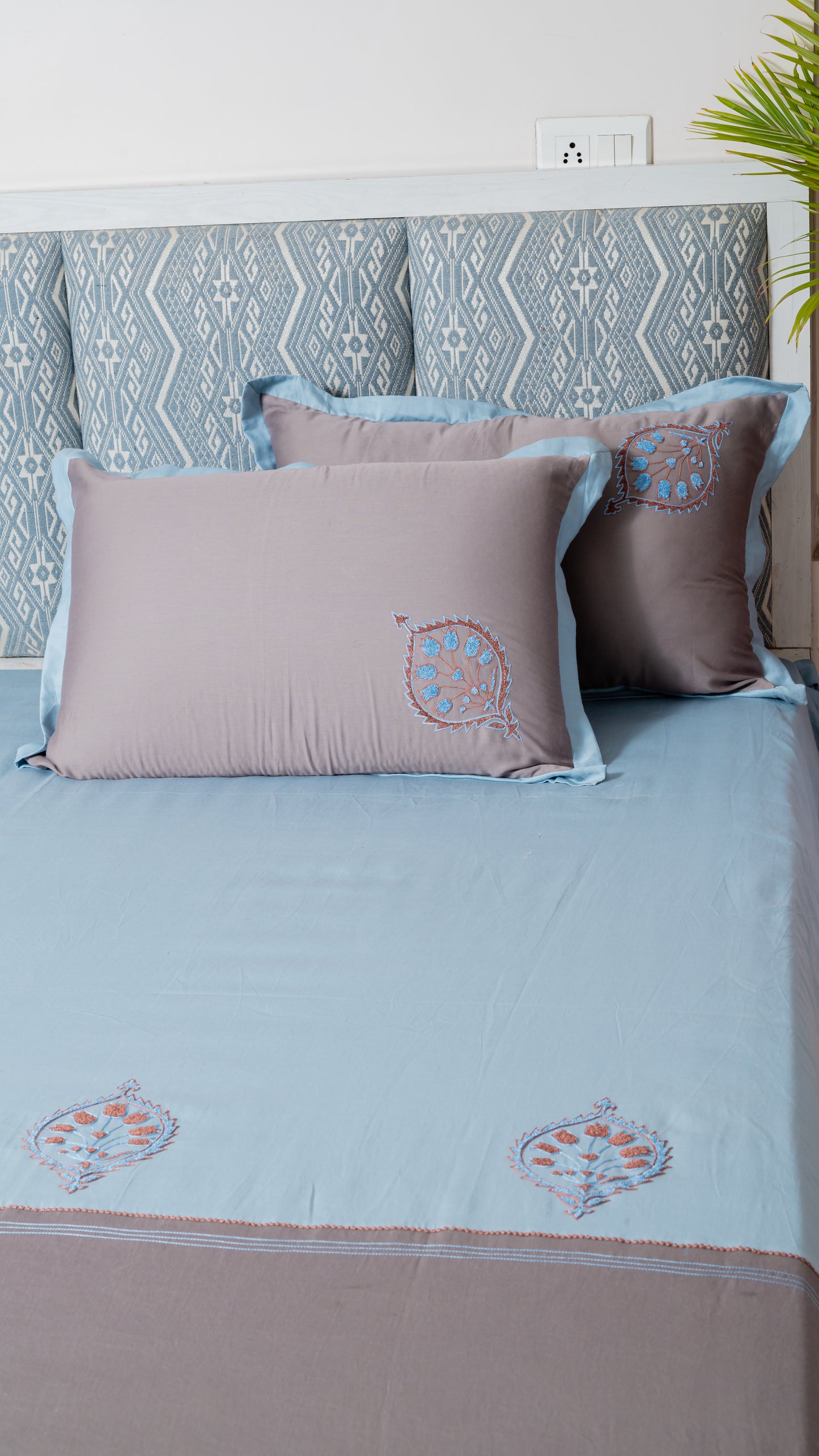 Grey and Blue Embroidered Bedsheet