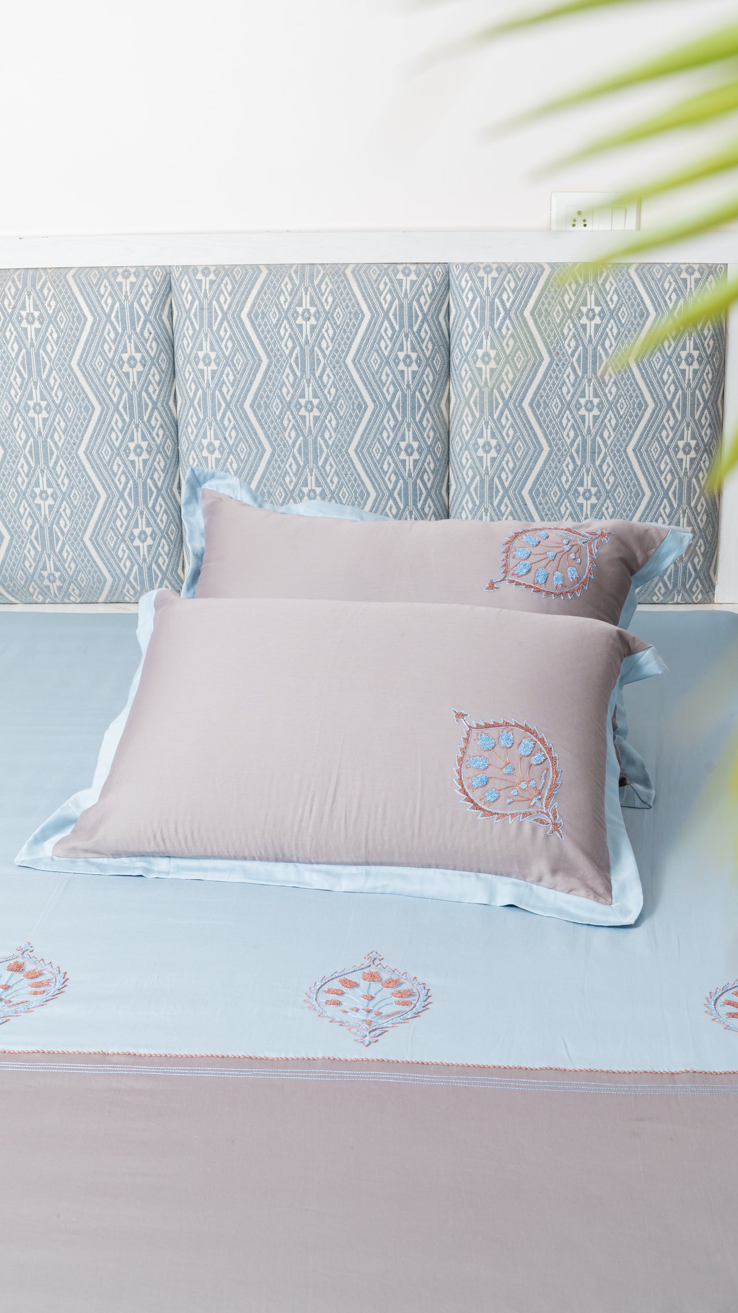 Grey and Blue Embroidered Bedsheet