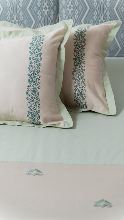 Beige and Pista Embroidered Bedsheet