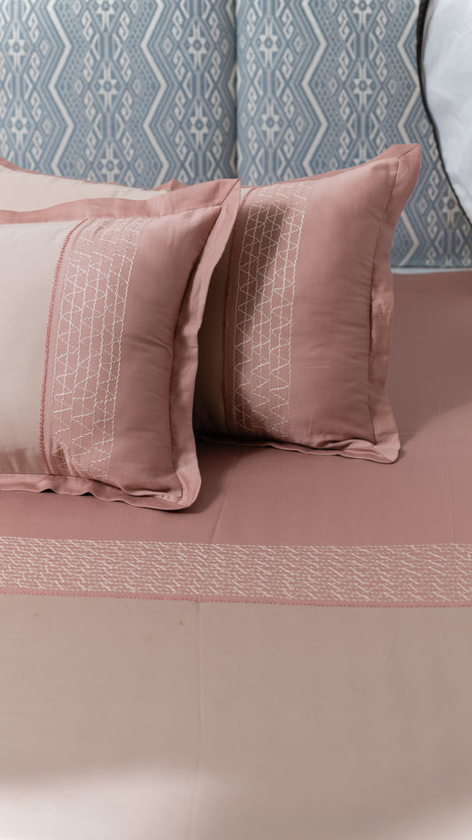 Beige and Coral Embroidered Bedsheet