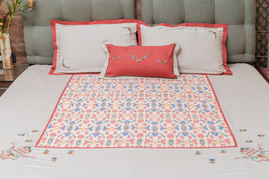 Off white and Coral Ikkat Embroidered Bedsheet