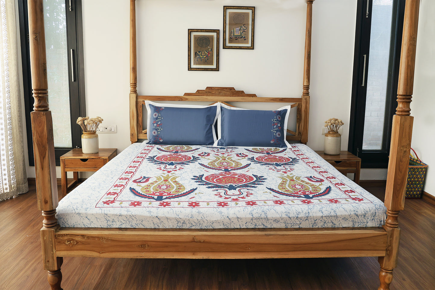 Blue and White Ikkat Print Bedsheet