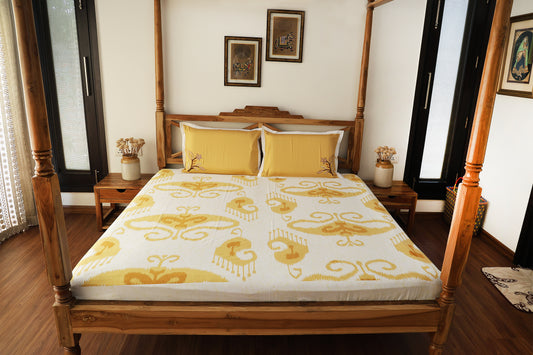Yellow and Ivory Ikkat Print Bedsheet