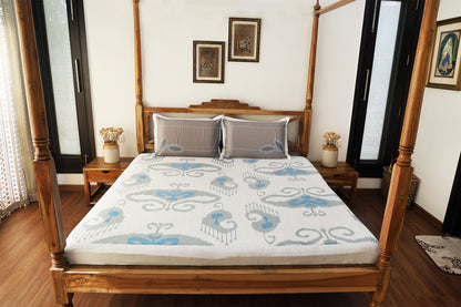 Grey and Blue Ikkat Print Bedsheet