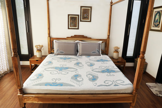 Grey and Blue Ikkat Print Bedsheet
