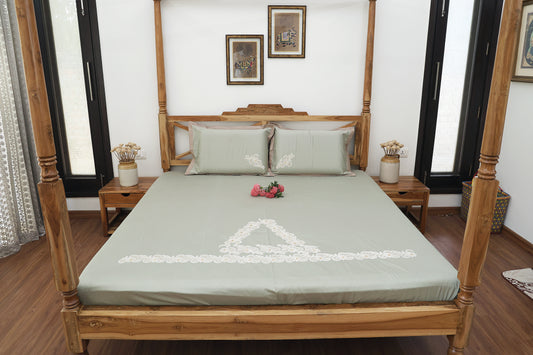 Chikan Embroidered Pista Color Bedsheet