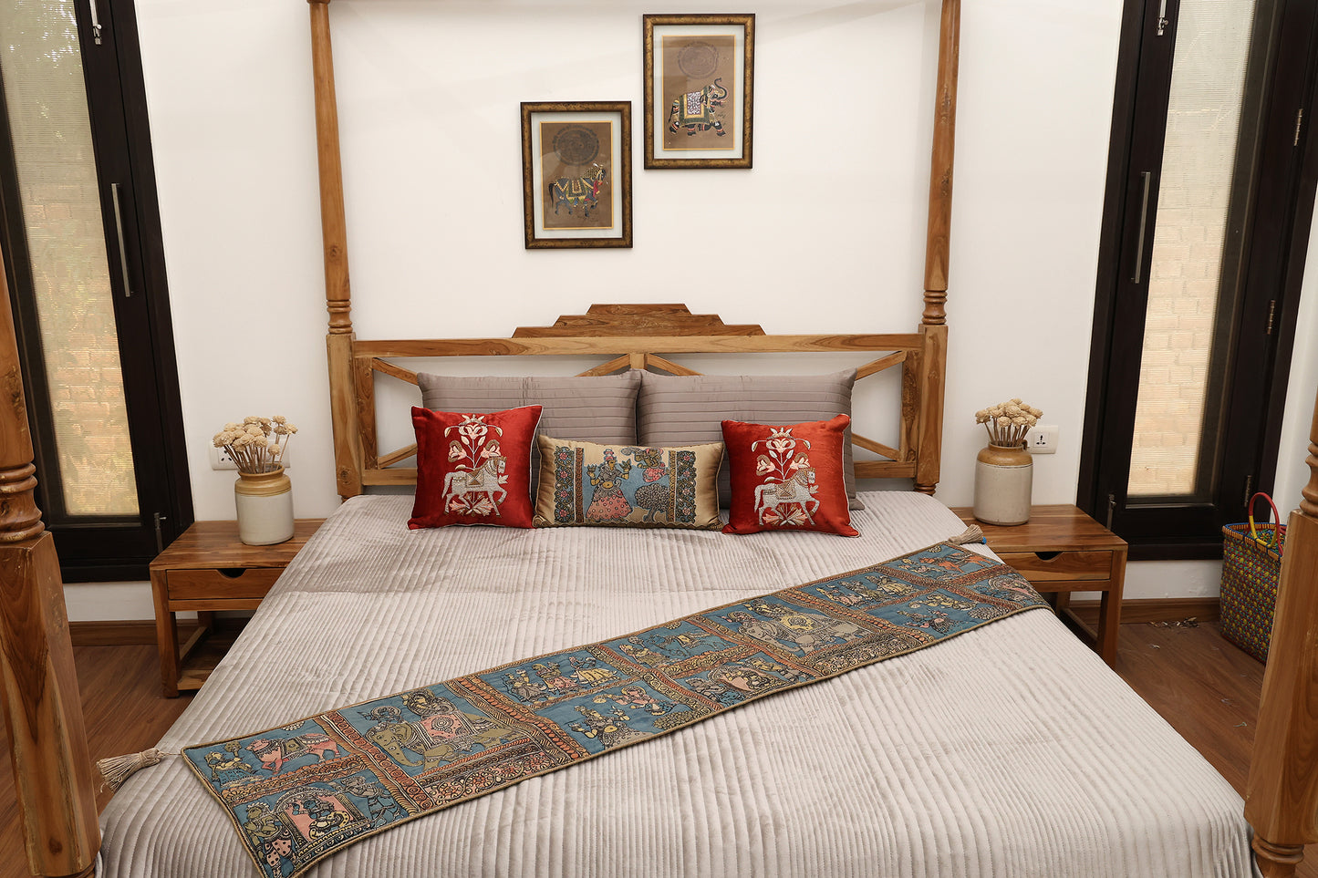 Cotvelvet Bedcover with Kalamkari Runner Set